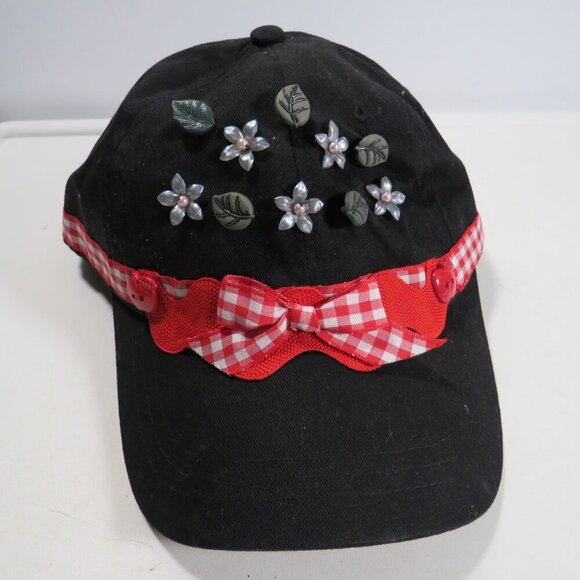 Black and red fabric baseball cap with flowers & red gingham trim Hat - Picture 1 of 10